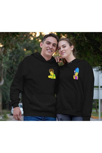 Boi Homer Marge Lover Couple Combination - Μαύρη στάμπα Oversize φούτερ με κουκούλα