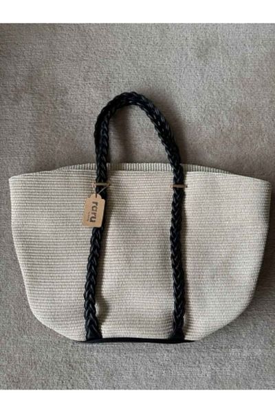 raru Wicker Beach Bag with Knitted Leather Handle Ecru