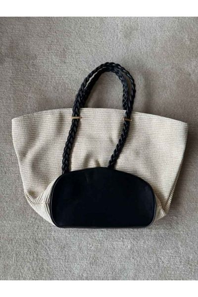 raru Wicker Beach Bag with Knitted Leather Handle Ecru