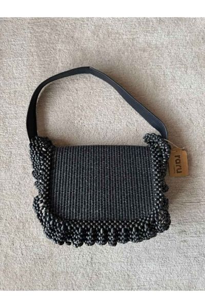 raru Bead Embroidered Straw Bag Black