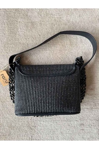 raru Bead Embroidered Straw Bag Black
