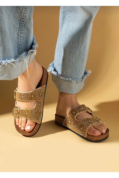 Pienn Summer Women's Orthopedic Slippers – Stone Detailed, Double Buckle, Soft Sole House Slippers