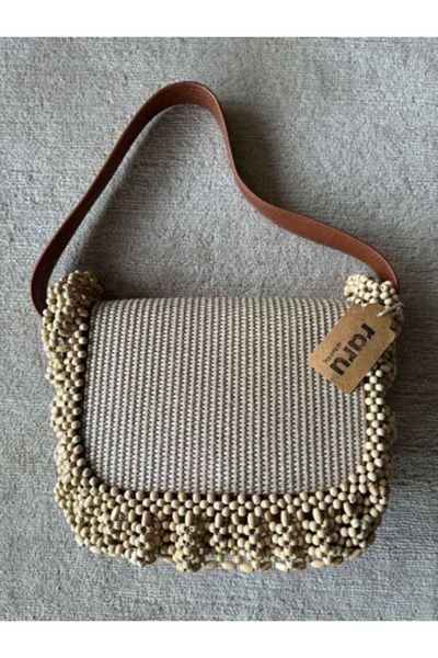 raru Beaded Straw Bag Brown