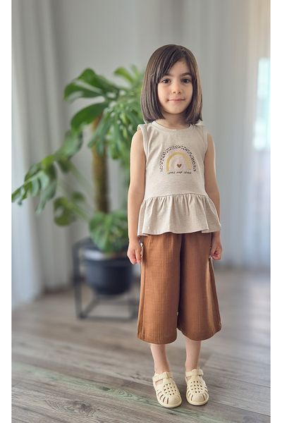 BALKABAĞI Rainbow Brown Muslin Pants Girl's 100% Cotton Summer Suit Mtyk0060