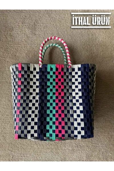 raru Geantă din plastic tricotată manuală fabricată în Mexic ALBASTRU ÎNCHIS