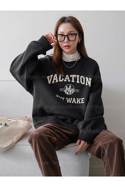 Boi Φούτερ διακοπών - Μαύρο εμπριμέ φούτερ Oversize Crew Neck