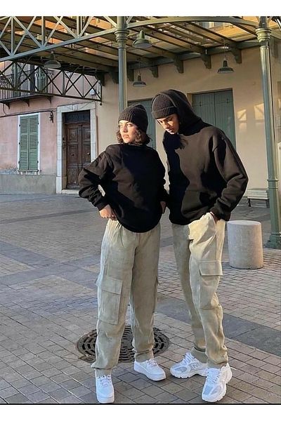 Boi Unprinted Lover Couple Combination - Μαύρο φούτερ με κουκούλα Oversize