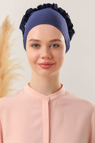 Melodi Scarf Women's Hijab Front Seamless Ruffled Combed Cotton Bonnet Navy Blue