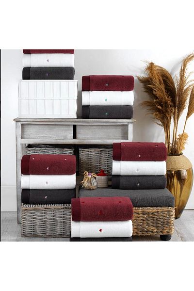 Angoravi Hobby Lubow Love White Cream Embroidered 50X90 Set of 6 Towels