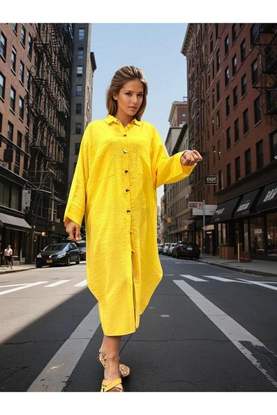 Pasaklı Giyim Women's Bat Sleeve Suitable for Hijab Shirt Dress Linen Blended Yellow Tunic 3282420