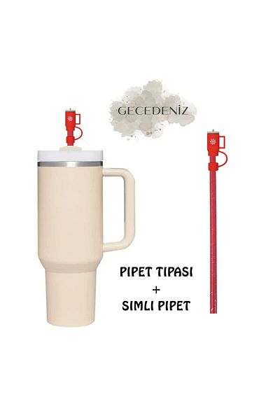 GECEDENİZ Quencher Compatible Thermos Straw Replacement Silvery Plastic Red