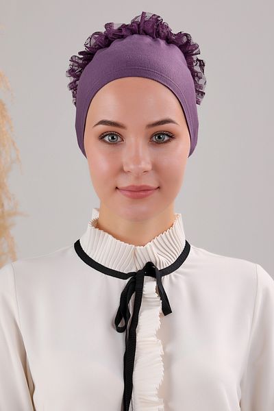 Melodi Scarf Women's Hijab Front Seamless Ruffled Combed Cotton Bonnet Purple