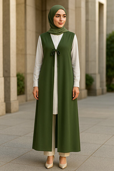 Misue Handmade Medina Silk Tie Detail Hijab Vest, Multifunctional Use Pareo Beach Wear, Long Vest