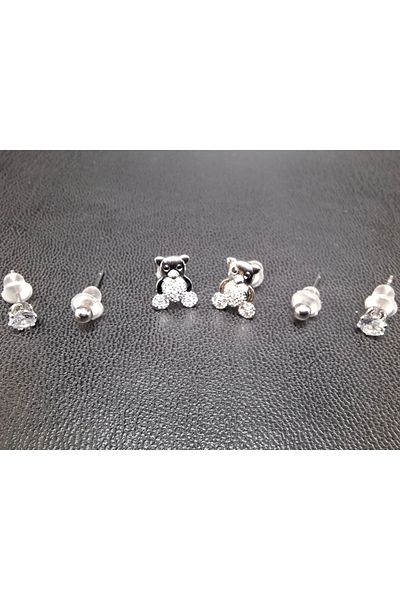 Han Ticarethane Silver Color 6-Piece Teddy Bear Model Set Earrings