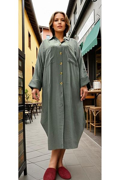 Pasaklı Giyim Women's Bat Sleeve Suitable for Hijab Shirt Dress Linen Blended Tunic Mint 3282420