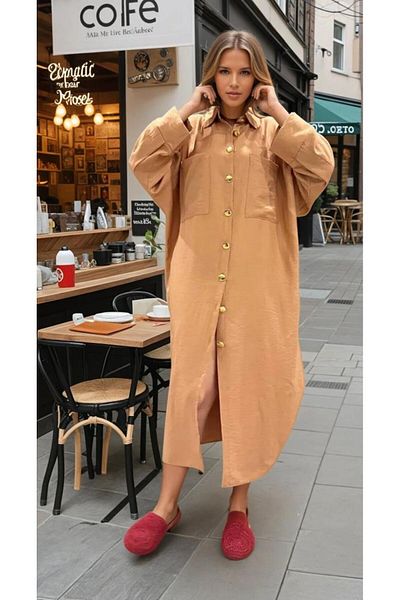 Pasaklı Giyim Women's Bat Sleeve Suitable for Hijab Shirt Dress Linen Blended Tunic Beige