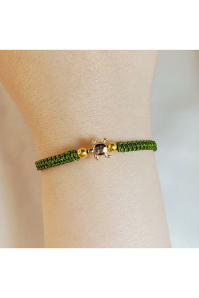Crystal Atelier Olive Green Macrame Lucky Bracelet with Gold Turtle Figure–Adjustable Handmade Unisex Jewelry