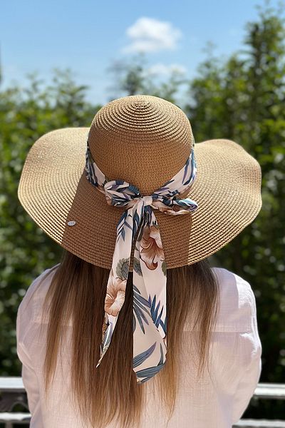 novon Summertime Premium Straw Hat with Floral Band and Wide Visor