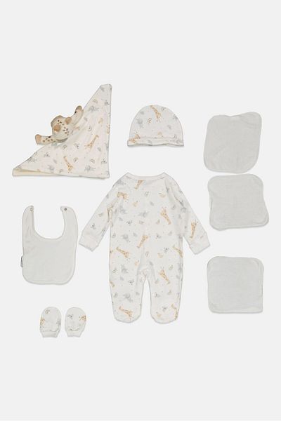 Rock A Bye Baby Boutique Toddlers Boy 8 Pieces Floral Bodysuit And Pants Hanging Gift Set, White