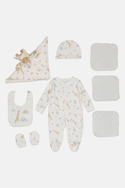 Rock A Bye Baby Boutique Toddlers Boy 8 Pieces Floral Bodysuit And Pants Hanging Gift Set, White