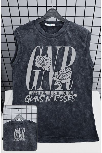 Fuddy Moda Gnr Guns N' Roses Printed Washed Sleeveless T-Shirt, Unisex Rock Band Themed Zero Sleeve Vintage Singlet