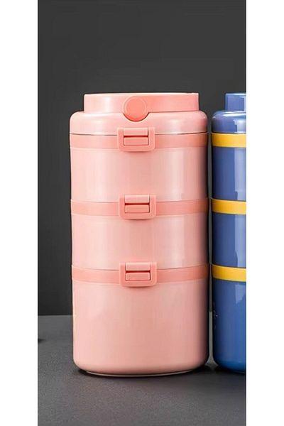 Tantitoni 2.7 Liter, 3 Layers, Round, 304 Steel, Leakproof, Food Container, Lunch Bowl, Pink, Food 1096Ap