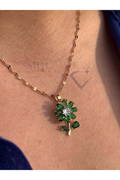 Steel Fashion İstanbul Paslanmaz Çelik Zirkon Taşlı Papatya Kolye (Stres Çarklı)