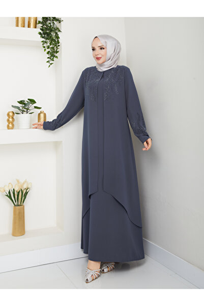 Efelif Gray Stone Embroidered Large Size Stylish Design Women's Abaya & Dress Mf-1832