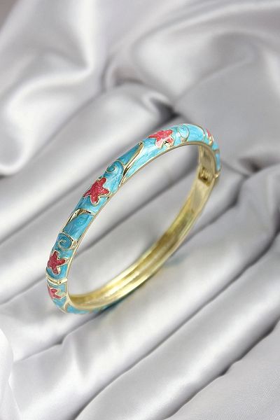 STOREMAX Mineli Brass Blue Flower Patterned Gold Color Women's Handcuffs (Diameter 60 mm)