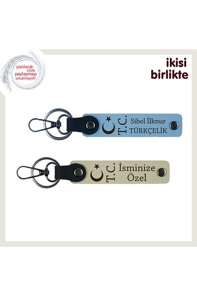 Miaju Valentine's Day Special Moon Star Tc Armağan, Personal Name Written Keychain Set, Sky Blue-S Coffee