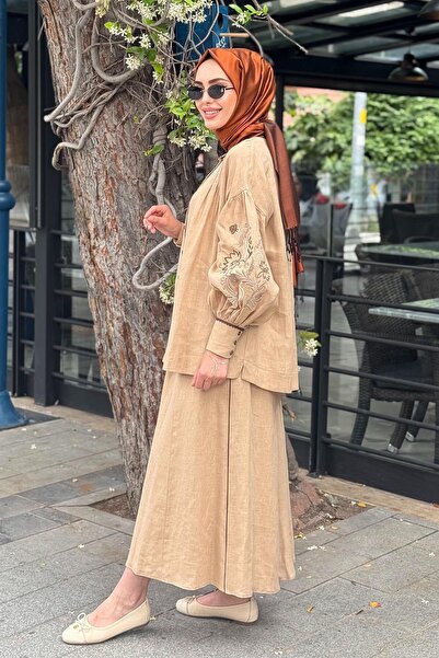 Kayra Balloon Sleeve Embroidered Linen Skirt Suit