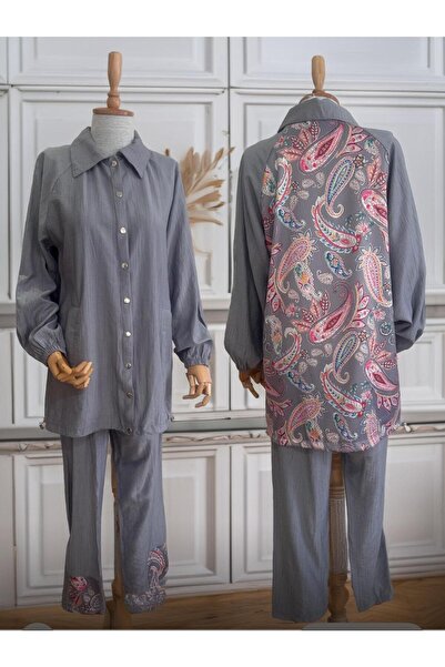 Aynaz Etnik Desen Süslemeli Yazlık Gri Tunik Takım