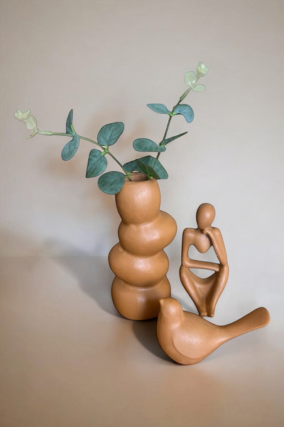 ardesta Taş Görünümlü Vazo, Kuş ve Soyut Düşünen Kadın Biblo Seti - Modern De...