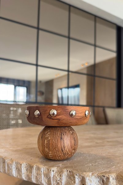 Ogia Concept Bono Wooden Bowl with Wooden Legs Silver Presentation Bowl 11 cm (Snack Bowl - Turkish Delight Bowl)