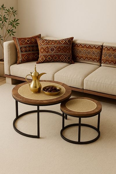 Un A set of coffee tables with an elegant design and perforated wood that adds a luxurious touch to your living room.