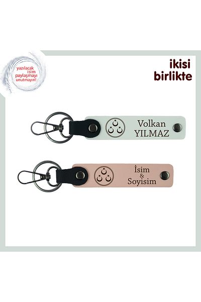 Miaju Three Star Patterned Corporate Armağan – First and Last Name Written Double Keychain Gift, White-Kitten Mouth