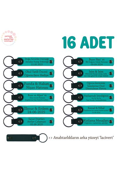 Miaju To Those Who Are Very Special, Set of 16, Name Writable Leather Souvenir Keychain, Dark Turquoise & Navy
