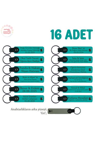 Miaju Birthday Celebration Set of 16, Personalized Leather Souvenir Keychain, Dark Turquoise & Gray