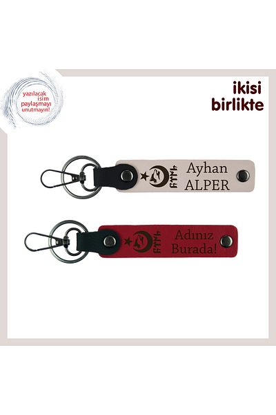Miaju Personal Armağan – Ayyıldız Kurt Göktürk Patterned Name Writable X2 Keychain Gift, Powder-Red
