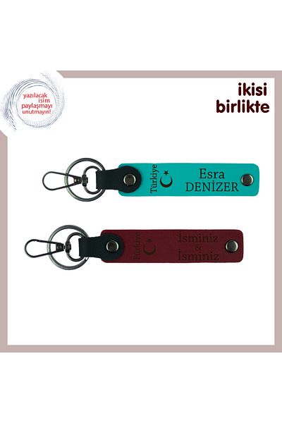 Miaju Kankaya Armağan – Ayyıldız and Türkiye Patterned Name Written Keychain Set, Dark Turquoise-Claret Red