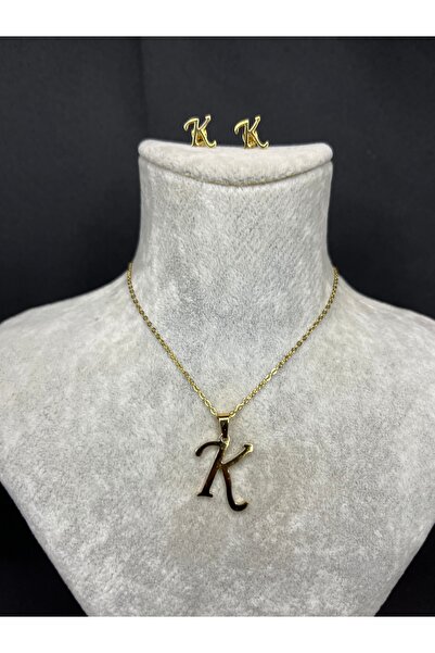 Mos Tespih K Harfi Gold Çelik Kolye ve Küpe Seti