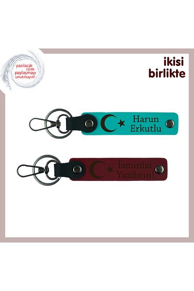 Miaju Kankaya Seçkin Bir Armağan – Moon Star Patterned Keychain Set with Name Written, Dark Turquoise-Claret Red
