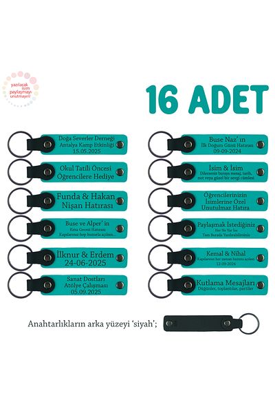Miaju Souvenir for Precious Teachers, Set of 16, Leather Keychain with Name, K Turquoise & Black