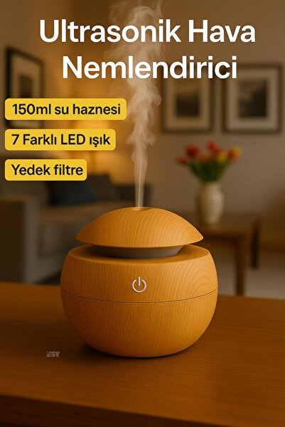 Store Ahşap Görünümlü LED Işıklı Ultrasonik Nemlendirici | Sessiz Çalışma