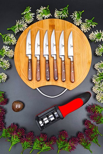 SWENCRAFT West Home Luxury Steak Meat Kitchen Fruit Knife Set & Presentation Cutting Board & Sharpening Apparatus 8-Piece Dowry