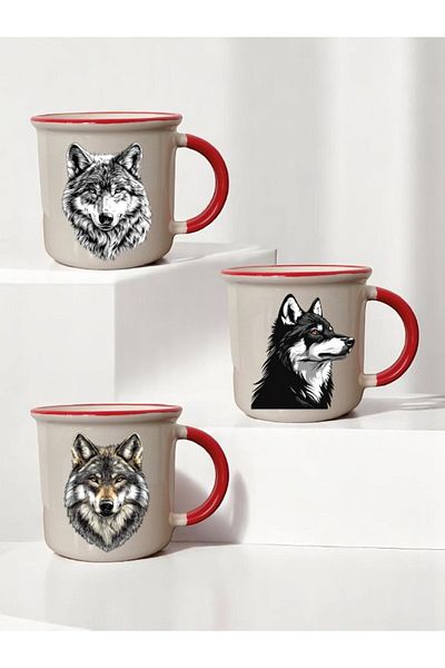 lili hediyelik Wolf Printed 3-Piece Red Ceramic Mug Cup Coffee Cup