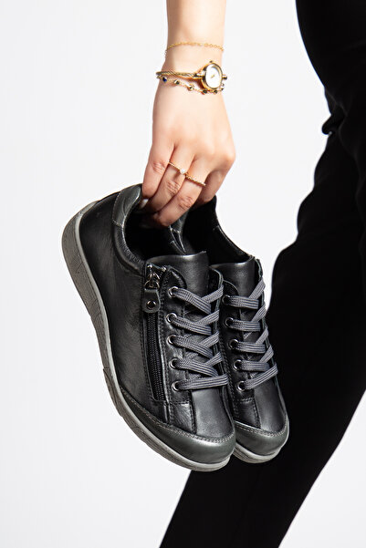 CANİLH Hakiki Deri Yumuşak Tabanlı Kadın Siyah Gri Sneaker Günlük Spor Ayakkabı