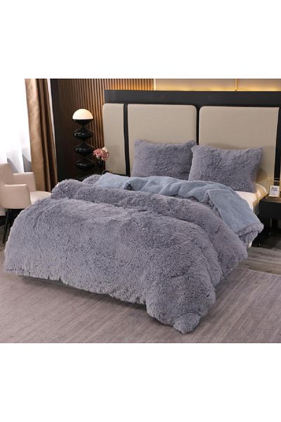 OEM FLUFFY Cocolino Thick Fluffy Quilt with Fur 3 Pieces, Quilt 200 x 230cm, Light Grey