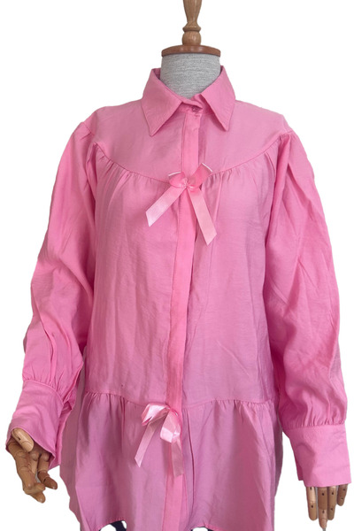 DESTİNA Önü Fiyonk Nakışlı Gabardin Kumaş Gömlek