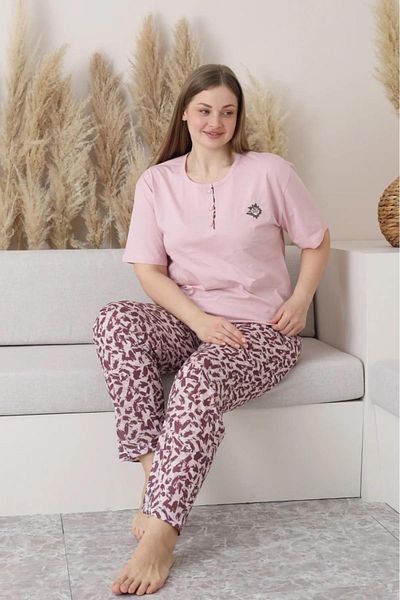 Sude Women's Plus Size Button Collar Combed Cotton Short Sleeve Thin Pajamas Set P146 - 1 Piece